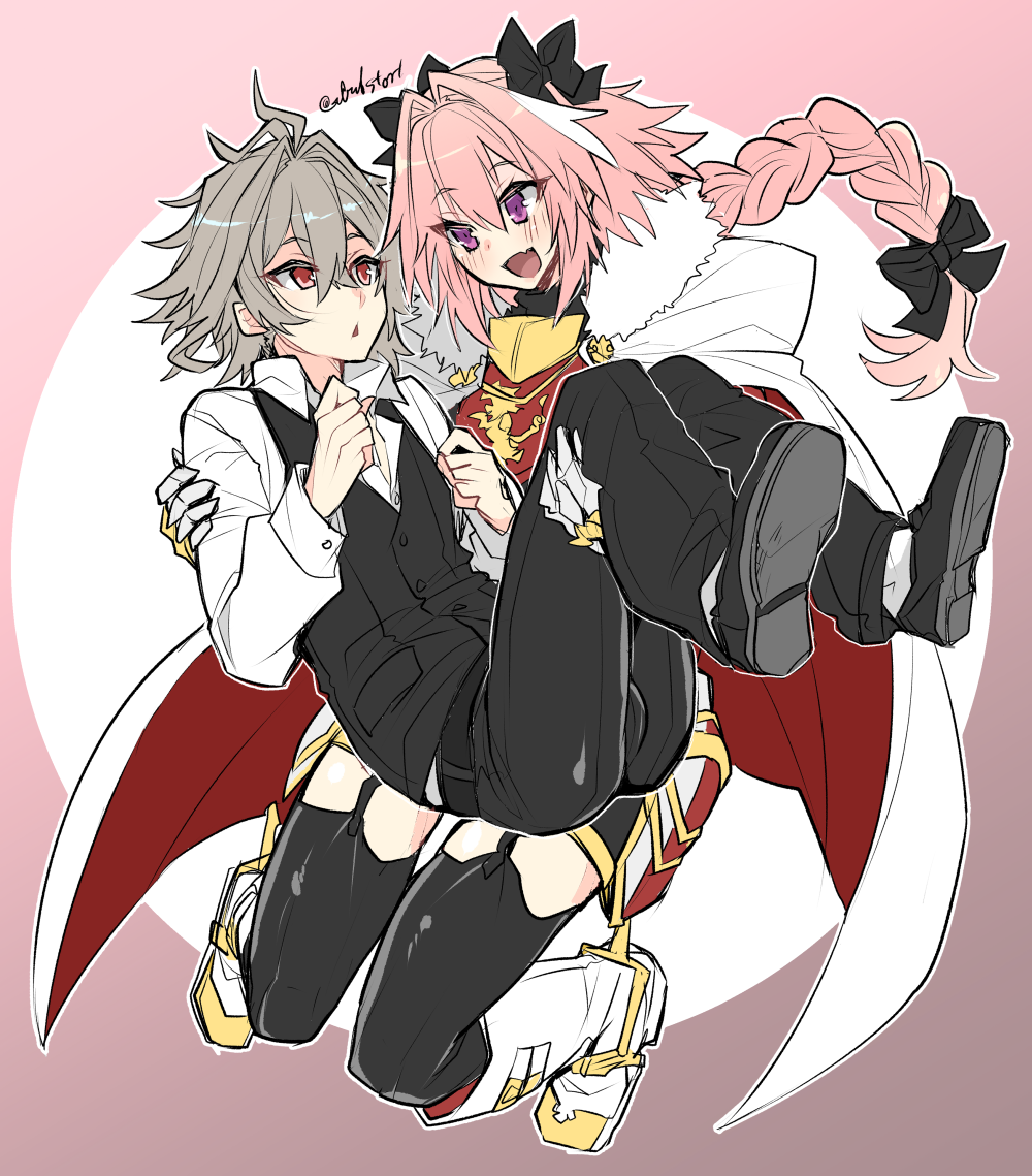 2boys androgynous antenna_hair armored_skirt astolfo_(fate) belt black_belt black_bow black_garter_straps black_pants black_thighhighs black_vest blush bow braid bulge cape carrying carrying_person dress_shirt emblem fang fate/apocrypha fate_(series) full_body fur-trimmed_cape fur_trim garter_straps gauntlets gorget grey_hair hair_between_eyes hair_bow hair_intakes hand_on_another's_arm hand_on_another's_leg haoro light_blush long_braid long_hair looking_at_another male_focus multicolored_hair multiple_boys open_mouth otoko_no_ko pants parted_lips pink_hair princess_carry purple_eyes red_eyes shirt sieg_(fate) signature single_braid skin_fang socks streaked_hair thighhighs two-sided_cape two-sided_fabric two-tone_hair vest waistcoat white_cape white_footwear white_hair white_shirt white_socks