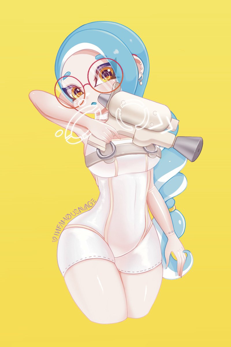 1girl agent_8_(splatoon) artist_name blue_hair bodysuit breasts commentary cropped_legs english_commentary glasses gun highres holding holding_gun holding_weapon infamousavages large_breasts long_hair octoling octoling_girl octoling_player_character open_mouth order_shot_(splatoon) red-framed_eyewear round_eyewear simple_background sleeveless sleeveless_bodysuit solo splatoon_(series) splatoon_3 splatoon_3:_side_order tentacle_hair thick_eyebrows very_long_hair weapon white_bodysuit yellow_background yellow_eyes