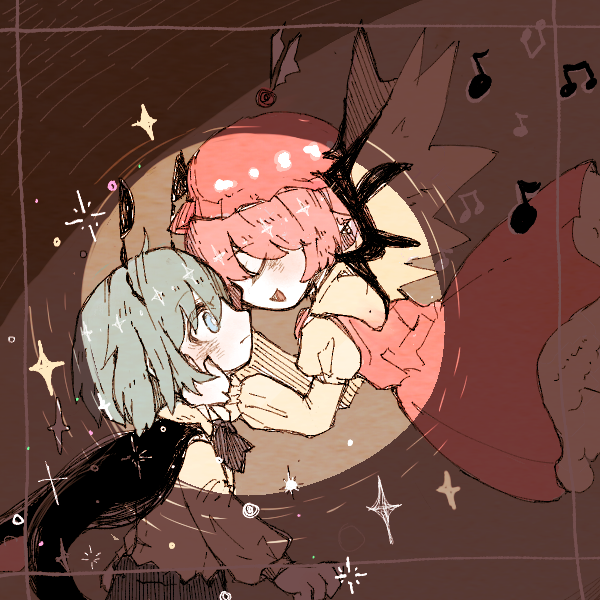 2girls animal_ears antennae bird_ears bird_wings black_cape bow brown_dress brown_kimono cape closed_eyes dress fireflies full_body green_eyes green_hair hair_bow japanese_clothes kimono mokumoku22 multiple_girls mystia_lorelei okamisty open_mouth pink_hair short_hair star_(symbol) touhou winged_hat wings wriggle_nightbug