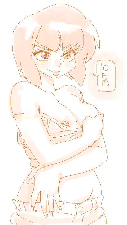 1girl arms_under_breasts bare_shoulders blunt_bangs blunt_ends bob_cut breasts camisole camisole_pull clothes_pull collarbone commentary cowboy_shot crop_top double_strap_slip groin inverted_bob isami large_breasts looking_at_viewer midriff monochrome naughty_face nipple_slip nipples oekaki prostitution pulled_by_self raised_eyebrow ranma_1/2 sepia short_hair shorts sketch solo speech_bubble standing strap_slip teasing tendou_nabiki tongue tongue_out translated white_background
