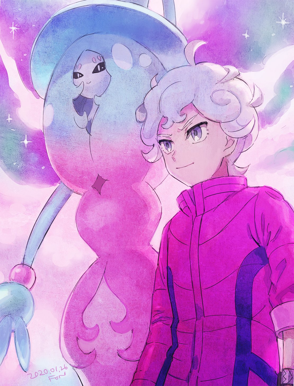 1boy asymmetrical_sleeves bede_(pokemon) bracelet closed_mouth coat curly_hair dated fon-due_(fonfon) grey_eyes grey_hair hatterene highres jewelry long_sleeves looking_ahead male_focus pokemon pokemon_(creature) pokemon_swsh purple_coat short_hair signature smile sparkle