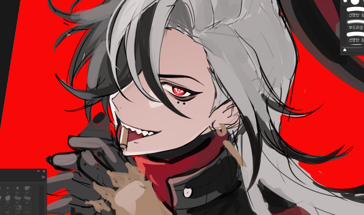 0_0himawa 1boy boothill_(honkai:_star_rail) bullet close-up collared_jacket grey_hair hair_over_one_eye holding holding_bullet honkai:_star_rail honkai_(series) jacket long_hair looking_at_viewer male_focus mole mole_under_eye multicolored_hair red_background red_eyes sharp_teeth simple_background smirk solo teeth tongue tongue_out two-tone_hair unfinished