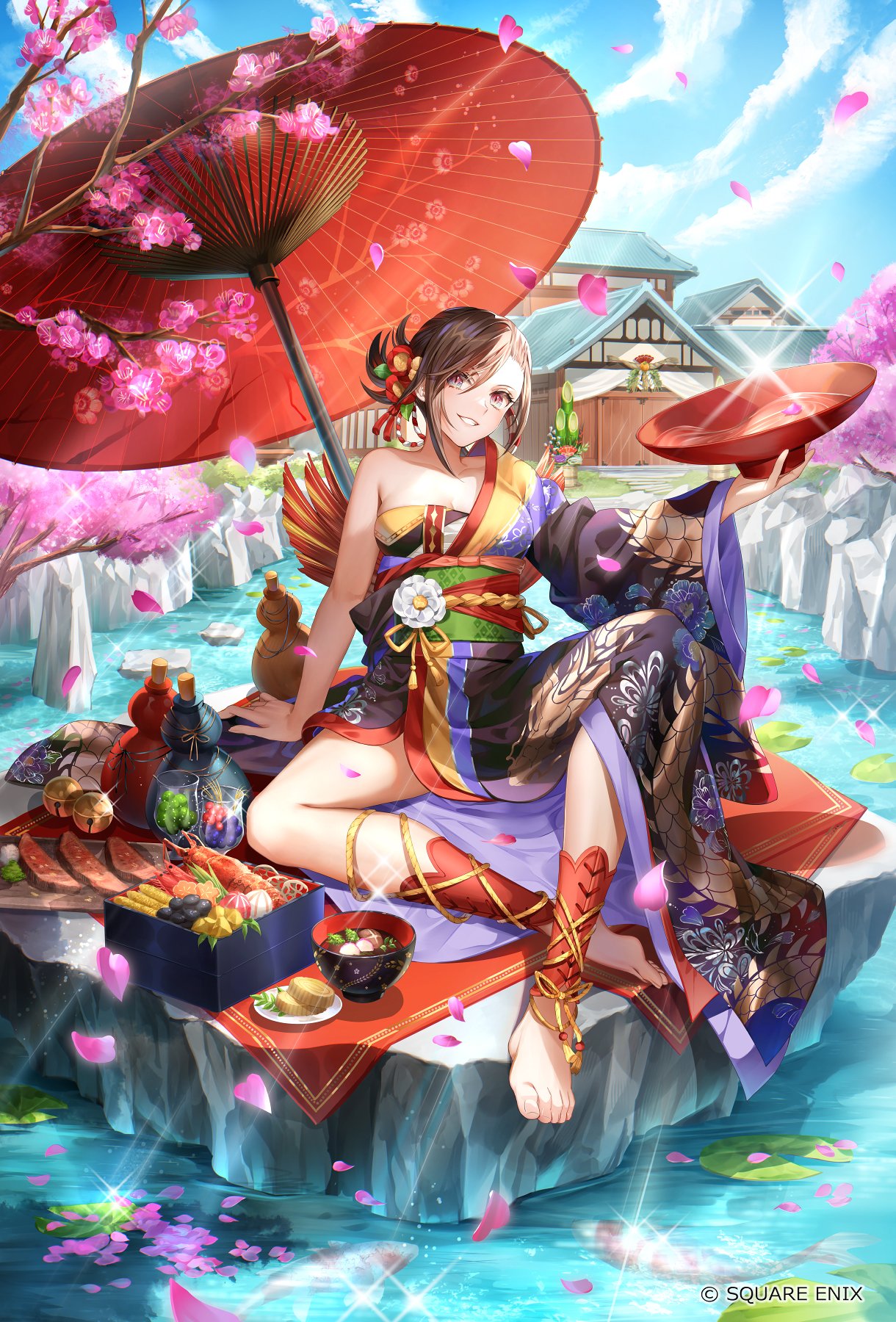 1girl alcohol barefoot brown_eyes captain_silver food full_body highres japanese_clothes looking_at_viewer multicolored_hair nemusuke official_art romancing_saga_minstrel_song saga sake short_hair sitting smile solo square_enix umbrella