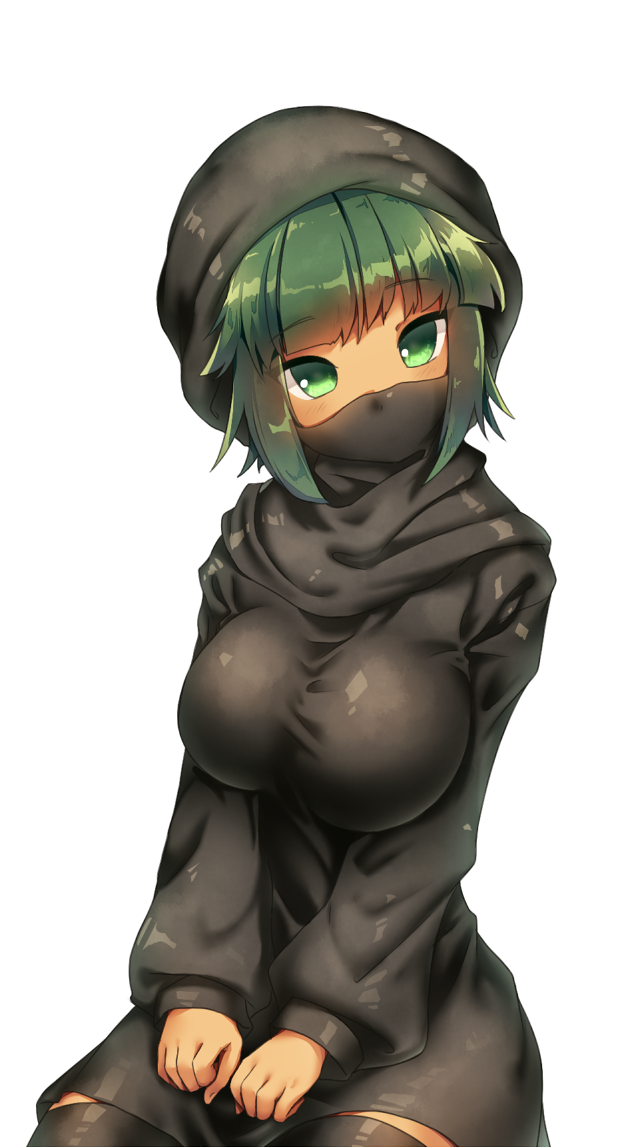 1girl artist_request black_dress black_hood black_thighhighs breasts dress english_commentary green_eyes green_hair impossible_clothes impossible_dress isis-chan large_breasts mask mouth_mask original sidelocks sitting solo thighhighs third-party_source upper_body