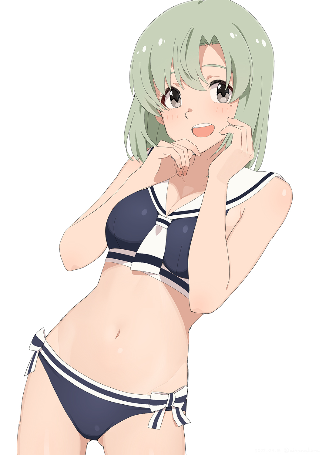 1girl bare_shoulders bikini blue_bikini blush breasts cleavage collarbone cowboy_shot green_hair grey_eyes hands_up highres idolmaster idolmaster_(classic) idolmaster_starlit_season idolmaster_stella_stage looking_at_viewer medium_breasts mole mole_under_eye nanakura_nanane navel neckerchief open_mouth sailor_bikini sailor_collar shiika_(idolmaster) short_hair side-tie_bikini_bottom simple_background smile solo standing swimsuit teeth upper_teeth_only white_background white_neckerchief white_sailor_collar