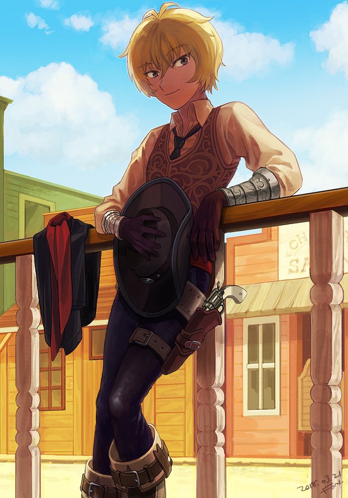 1boy against_railing billy_the_kid_(fate) black_hat black_necktie black_pants blonde_hair blue_sky boots brown_pants cowboy_hat fate/grand_order fate_(series) fon-due_(fonfon) grey_vest gun hair_between_eyes hat holster looking_at_viewer male_focus necktie outdoors pants railing revolver shirt short_hair sky solo vest weapon white_shirt