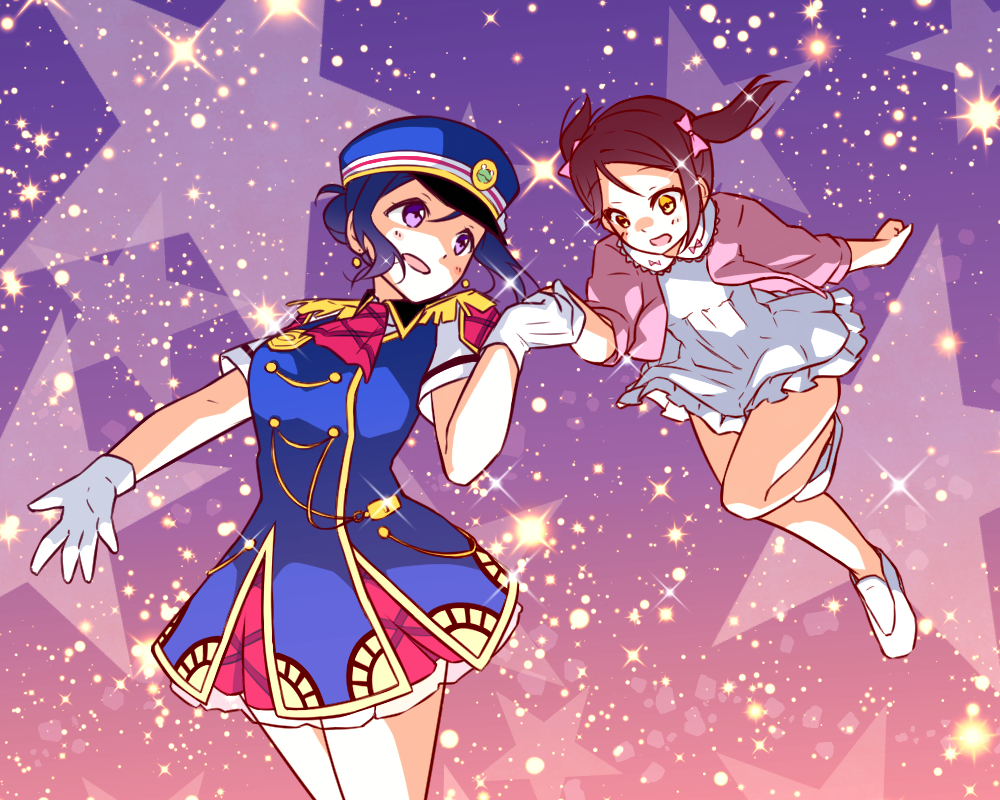 2girls ascot azukilib blue_dress blue_hat blush bow breasts brown_hair character_request commentary_request cowboy_shot cropped_jacket dress earrings epaulettes eye_contact flat_chest frilled_dress frills full_body gloves gradient_background hair_bow hair_bun hand_up happy hat holding_hands jacket jewelry jumping leg_up light_blush long_sleeves looking_at_another looking_back love_live! love_live!_sunshine!! matsuura_kanan multiple_girls open_clothes open_jacket open_mouth outstretched_arm peaked_cap pinafore_dress pink_bow pink_jacket purple_background purple_eyes purple_hair red_ascot shirt shoes short_dress short_hair short_sleeves sidelocks single_hair_bun sleeveless sleeveless_dress small_breasts smile sparkle standing star_(symbol) starry_background thighs twintails underlighting white_dress white_footwear white_gloves white_shirt