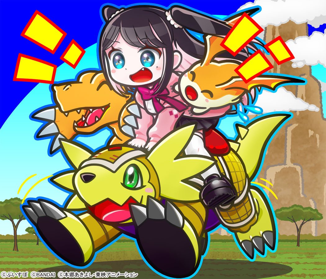 1girl agumon armadillo armadimon black_hair black_skirt blush_stickers chibi claws closed_eyes colored_skin crossover digimon digimon_adventure fang green_eyes head_wings jacket kaga_nazuna lupinus_virtual_games mole mole_under_eye multicolored_hair official_art open_mouth orange_skin patamon pink_hair pink_jacket riding sharp_teeth shirt skirt tail teeth thighhighs two-tone_hair two_side_up virtual_youtuber vspo! white_shirt white_thighhighs wings yellow_skin