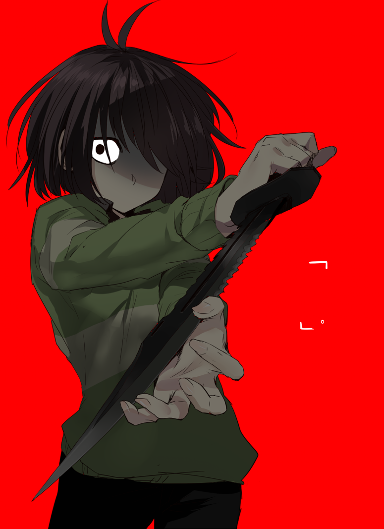 1other antenna_hair black_eyes black_pants brown_hair collared_shirt colored_skin combat_knife deltarune fingernails foreshortening green_sweater holding holding_knife knife komugiko_(bitte_komu) kris_(deltarune) long_sleeves looking_at_viewer medium_hair no_mouth no_pupils pants red_background shaded_face shirt solo striped_clothes striped_sweater sweater weapon yellow_skin yellow_sweater