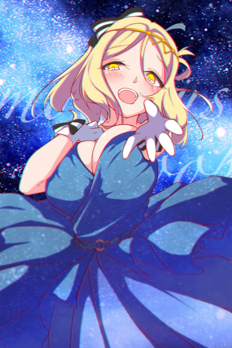 1girl arm_up azukilib black_bow blonde_hair blue_background blue_dress blue_sky blue_theme blurry blush bow breasts chromatic_aberration cleavage commentary_request depth_of_field dress english_commentary gloves hair_between_eyes hair_bow half-closed_eyes hand_on_own_chest hand_up happy highres large_breasts looking_at_viewer love_live! love_live!_sunshine!! mixed-language_commentary night ohara_mari open_mouth outdoors outstretched_arm reaching reaching_towards_viewer short_hair sidelocks sky sleeveless sleeveless_dress smile solo standing star_(sky) starry_sky teeth white_gloves yellow_eyes