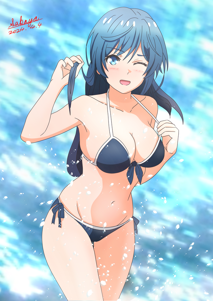 1girl ;d bare_arms bare_shoulders bikini blue_bikini blue_eyes blue_hair blush breasts cleavage collarbone commentary_request dated front-tie_bikini_top front-tie_top groin hand_up holding holding_hair jaku-chara_tomozaki-kun long_hair looking_at_viewer medium_breasts nanami_minami navel one_eye_closed sakayaya side-tie_bikini_bottom signature smile solo standing swimsuit very_long_hair water