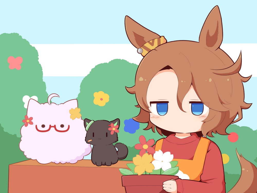 1girl :3 animal animal_ears animalization apron biwa_hayahide_(umamusume) black_cat blue_eyes blue_sky blush_stickers brown_hair cat chibi closed_mouth day flower flower_pot glasses gomashio_(goma_feet) hair_between_eyes hair_ornament hairclip holding horse_ears horse_girl horse_tail jitome narita_taishin_(umamusume) orange_apron outdoors parted_bangs red-framed_eyewear red_flower red_shirt semi-rimless_eyewear shirt sky tail umamusume under-rim_eyewear white_flower winning_ticket_(umamusume) yellow_flower |_|