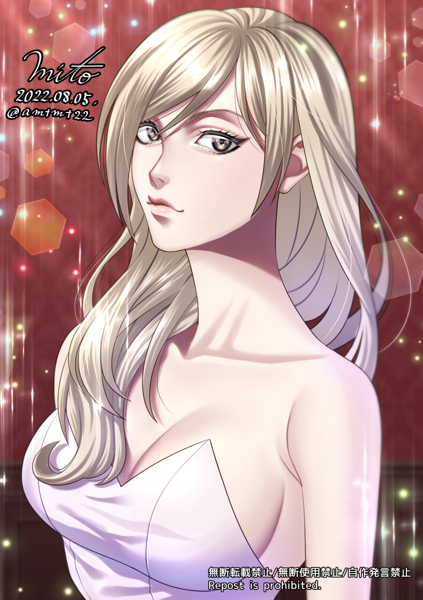 1girl akiyama_kaede armpit_crease bare_shoulders blonde_hair breasts brown_eyes cleavage collarbone commentary_request dress hair_over_shoulder hexagon highres kengan_(series) kengan_omega large_breasts long_hair long_neck mito_amatsu sideboob solo strapless strapless_dress upper_body watermark