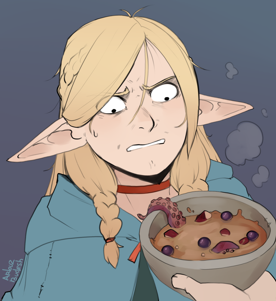 2024 arbuzbudesh blonde_hair bowl clothed clothing container delicious_in_dungeon duo elf eyebrows female fingers hair humanoid_pointy_ears marcille_donato not_furry tentacles