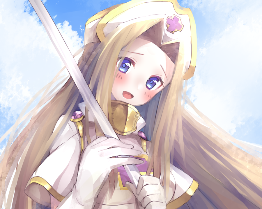 1girl blonde_hair blue_eyes blue_sky capelet cloud commentary_request cross_print gloves hat holding holding_staff light_blush long_hair mint_adenade nurse_cap open_mouth parted_bangs sky smile solo staff straight_hair sunlight tales_of_(series) tales_of_phantasia upper_body usamata white_capelet white_gloves white_hat