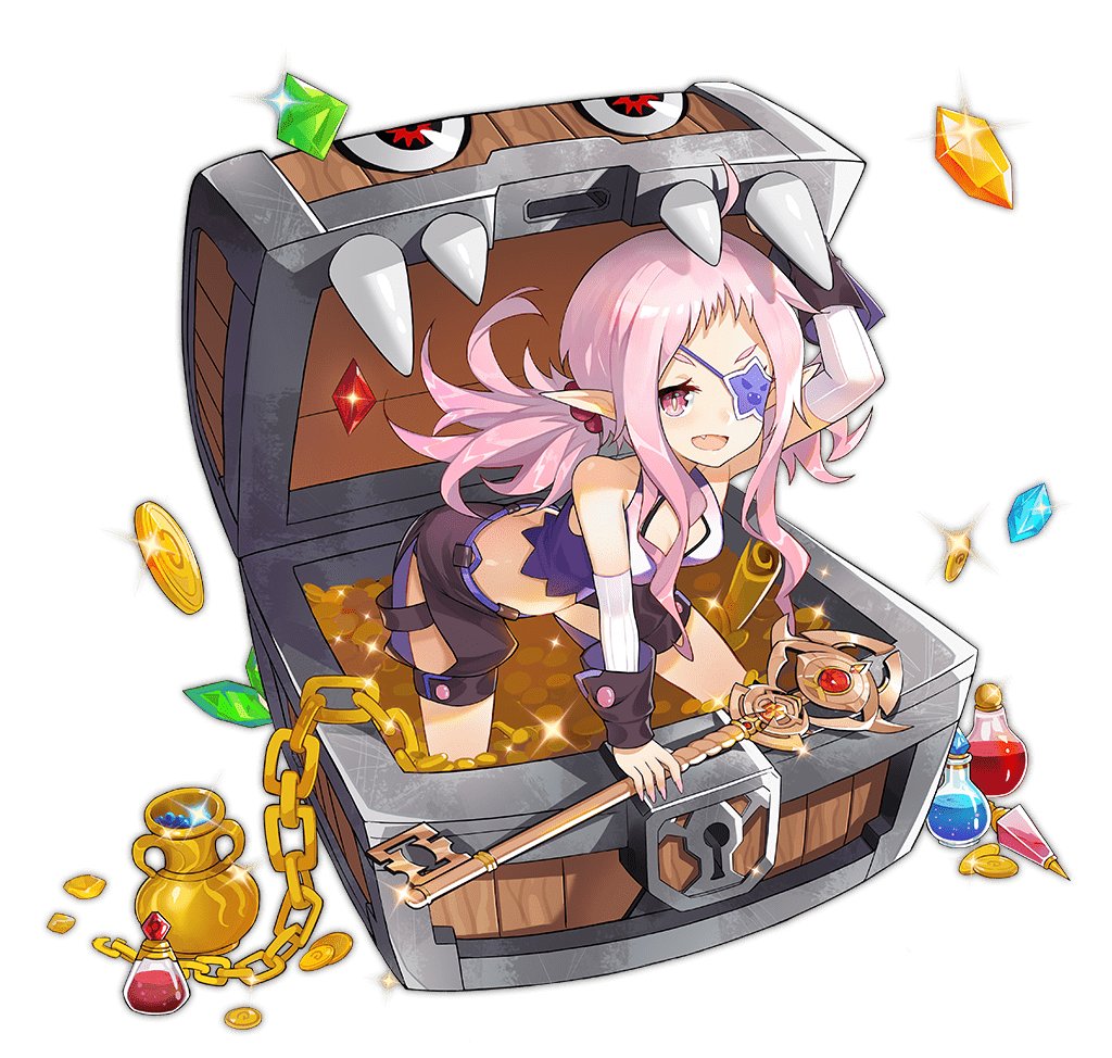 1girl :d ahoge ark_order artist_request black_shorts bra chain coin detached_sleeves facial_mark fang faux_figurine full_body gem gold gold_coin holding holding_key horns key long_hair long_sleeves looking_at_viewer mimic mimic_(ark_order) mimic_chest official_art pink_eyes pink_hair potion purple_bra purple_horns purple_shirt shirt short_bangs shorts sidelocks smile solo transparent_background treasure treasure_chest twintails underwear vase