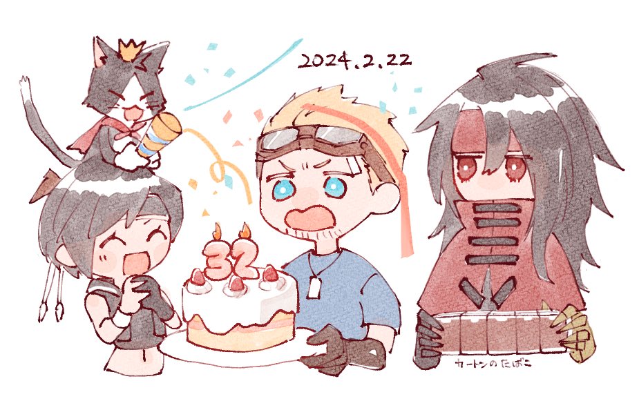 animal_on_head bandaid bandaid_on_face bare_shoulders birthday_cake black_fur black_hair black_shirt black_vest blonde_hair blue_eyes blue_shirt cait_sith_(ff7) cake cape cat cat_on_head chibi cid_highwind clawed_gauntlets cloak closed_eyes confetti cropped_torso cropped_vest crown dated dog_tags facial_hair final_fantasy final_fantasy_vii final_fantasy_vii_advent_children food gloves goggles goggles_on_head happy_birthday headband holding holding_cake holding_food holding_party_popper long_hair mini_crown nitoya_00630a on_head open_mouth own_hands_together party_popper red_cape red_cloak red_eyes red_headband shirt short_hair single_glove smile stubble two-tone_fur vest vincent_valentine white_fur white_gloves wristband yuffie_kisaragi