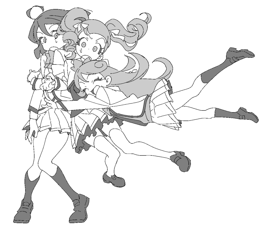 3girls :d ahoge akagi_anna anchiki_shou bad_id bad_twitter_id bow closed_eyes constricted_pupils full_body greyscale jacket jumping kirarigaoka_middle_school_uniform kiratto_pri_chan kneehighs long_hair long_sleeves looking_at_another midorikawa_sara monochrome multiple_girls open_mouth pleated_skirt pretty_series school_uniform shido_mel shoes short_hair simple_background skirt smile socks standing surprised tackle thighhighs twintails white_background