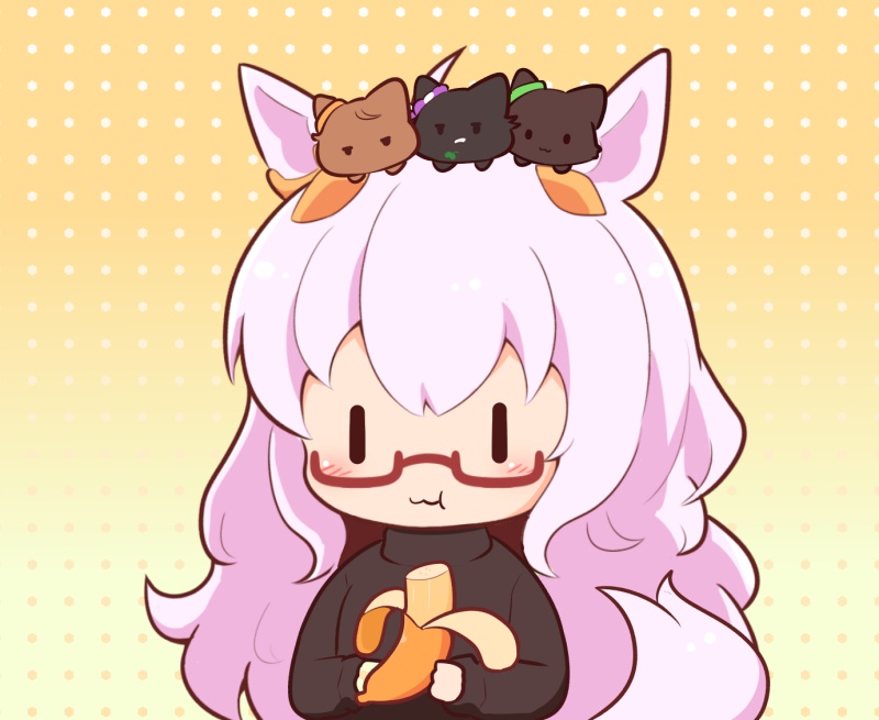 1girl :3 :t animal_ears animal_on_head animalization banana biwa_hayahide_(umamusume) black_cat black_shirt blush_stickers brown_background cat chibi closed_mouth eating food fruit glasses gomashio_(goma_feet) gradient_background grey_hair hair_between_eyes holding holding_food horse_ears horse_girl horse_tail jitome long_hair long_sleeves mouth_hold narita_brian_(umamusume) narita_taishin_(umamusume) on_head polka_dot polka_dot_background puffy_long_sleeves puffy_sleeves red-framed_eyewear semi-rimless_eyewear shirt sleeves_past_wrists stalk_in_mouth tail umamusume under-rim_eyewear very_long_hair wavy_mouth winning_ticket_(umamusume) |_|