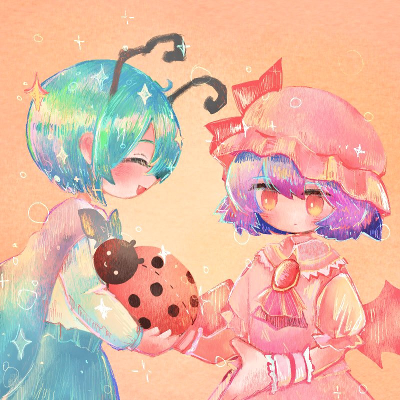 2girls antennae ascot bat_wings black_cape blue_hair brooch bubble bug cape closed_eyes everyone fireflies green_hair hat hat_ribbon holding jewelry ladybug mob_cap mokumoku22 multiple_girls open_mouth plaid plaid_vest red_ascot red_eyes remilia_scarlet ribbon short_hair star_(symbol) touhou two-sided_cape two-sided_fabric upper_body vest wings wriggle_nightbug