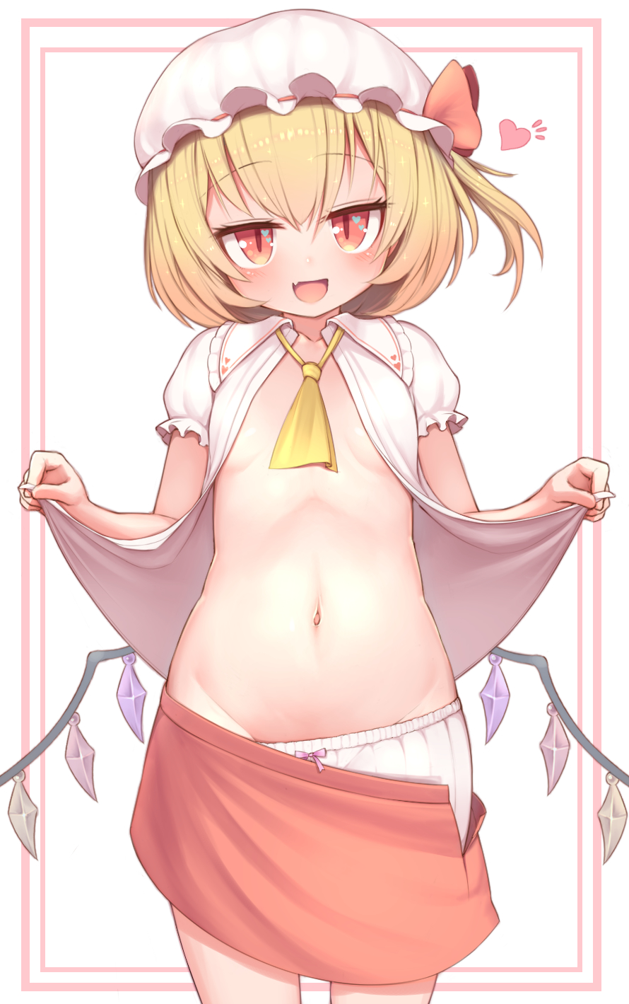 1girl ascot blonde_hair bloomers bloomers_pull blush clothes_lift clothes_pull collared_shirt commentary_request fang flandre_scarlet frilled_shirt_collar frills half-closed_eyes harunoha hat hat_ribbon heart highres lifted_by_self looking_at_viewer mob_cap navel one_side_up open_mouth puffy_short_sleeves puffy_sleeves red_eyes red_skirt ribbon shirt shirt_lift short_hair short_sleeves skin_fang skirt skirt_pull smug solo stomach touhou yellow_ascot