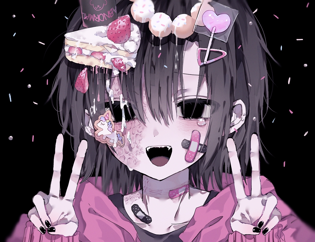 1boy bandaid bandaid_on_face bandaid_on_neck black_background black_eyes black_nails brown_hair cake candy commentary_request confetti crossed_bandaids double_v earrings empty_eyes food food_on_head hair_between_eyes hair_ornament hairclip hands_up hiro_0607 jewelry lollipop looking_at_viewer male_focus mixed-language_commentary nail_polish object_on_head open_mouth original portrait short_hair simple_background sleeves_past_wrists smile solo straight-on strawberry_shortcake tears v yami_kawaii