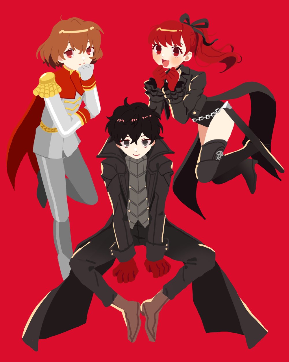 1girl 2boys akechi_gorou amamiya_ren black_coat black_eyes black_footwear black_hair black_leotard boots brown_hair coat gloves hair_ribbon highres leotard long_hair melkymelkii multiple_boys open_mouth pants persona persona_5 persona_5_the_royal ponytail red_background red_eyes red_gloves red_hair red_ribbon ribbon shoes simple_background smile thigh_boots white_gloves yoshizawa_kasumi