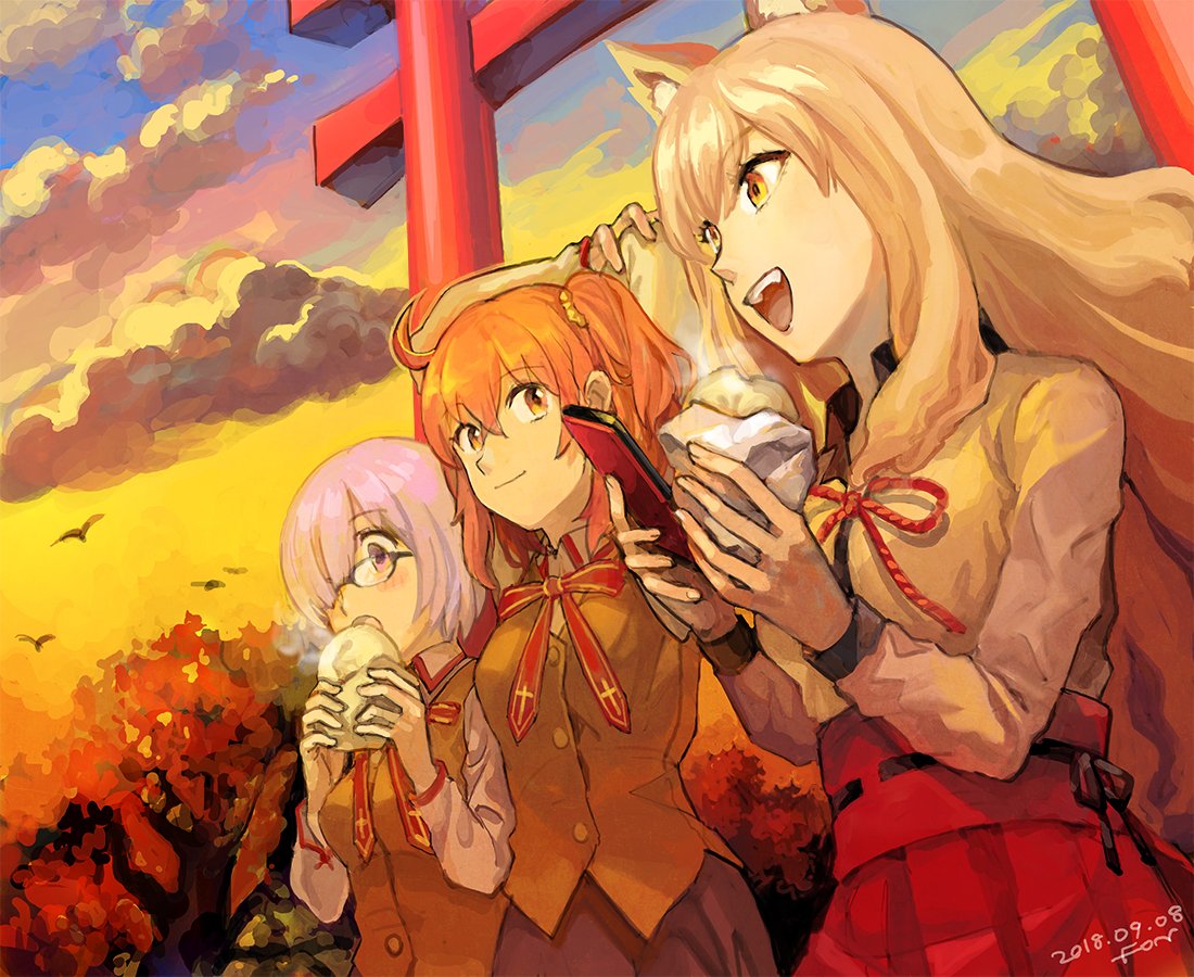 3girls animal_ears autumn baozi brown_hair brown_vest cat_ears cloud dated fate/grand_order fate_(series) fon-due_(fonfon) food fujimaru_ritsuka_(female) grey_skirt hair_over_one_eye holding holding_phone mash_kyrielight multiple_girls open_mouth orange_eyes orange_hair outdoors phone pink_eyes pink_hair pleated_skirt red_ribbon red_skirt ribbon shirt side_ponytail signature skirt sunset suzuka_gozen_(fate) torii tree vest white_shirt