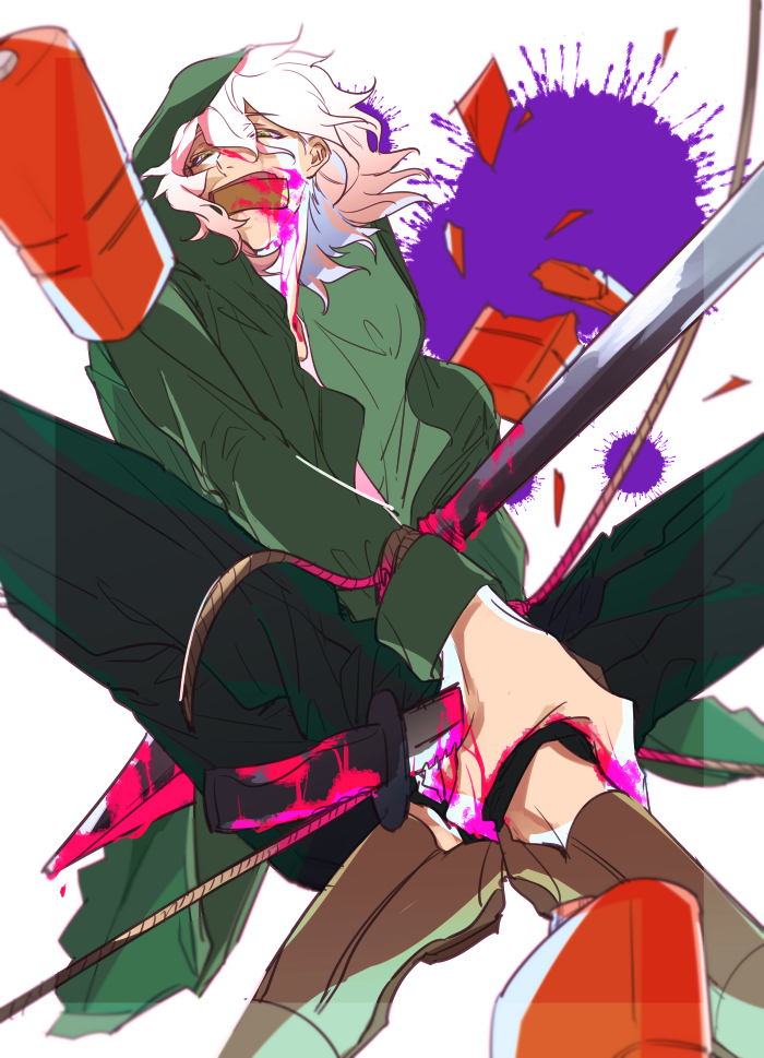 1boy black_pants blood blood_on_face brown_footwear commentary_request crossed_legs danganronpa_(series) danganronpa_2:_goodbye_despair explosive full_body gag green_eyes green_hood green_jacket green_sleeves grenade hair_between_eyes holding_own_leg hood hood_up hooded_jacket impaled improvised_gag jacket knife_in_hand komaeda_nagito long_sleeves looking_at_viewer male_focus me_(lililico) pants partial_commentary pink_blood polearm restrained rope shirt shoes short_hair simple_background sitting solo spear spoilers tape tape_gag weapon white_background white_hair white_shirt