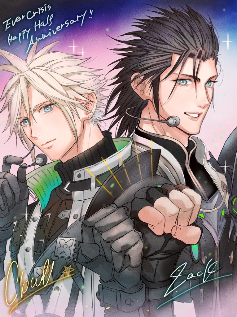 2b_fff 2boys armor black_gloves black_hair black_jacket black_shirt blonde_hair blue_eyes clenched_hand closed_mouth cloud_strife cloud_strife_(saber_style) final_fantasy final_fantasy_vii final_fantasy_vii_ever_crisis fingerless_gloves gloves hair_between_eyes hair_slicked_back headset idol jacket male_focus multiple_boys official_alternate_costume parted_lips ribbed_sweater shirt short_hair shoulder_armor sideburns sparkle spiked_hair sweater swimsuit turtleneck upper_body zack_fair zack_fair_(guardian_style)