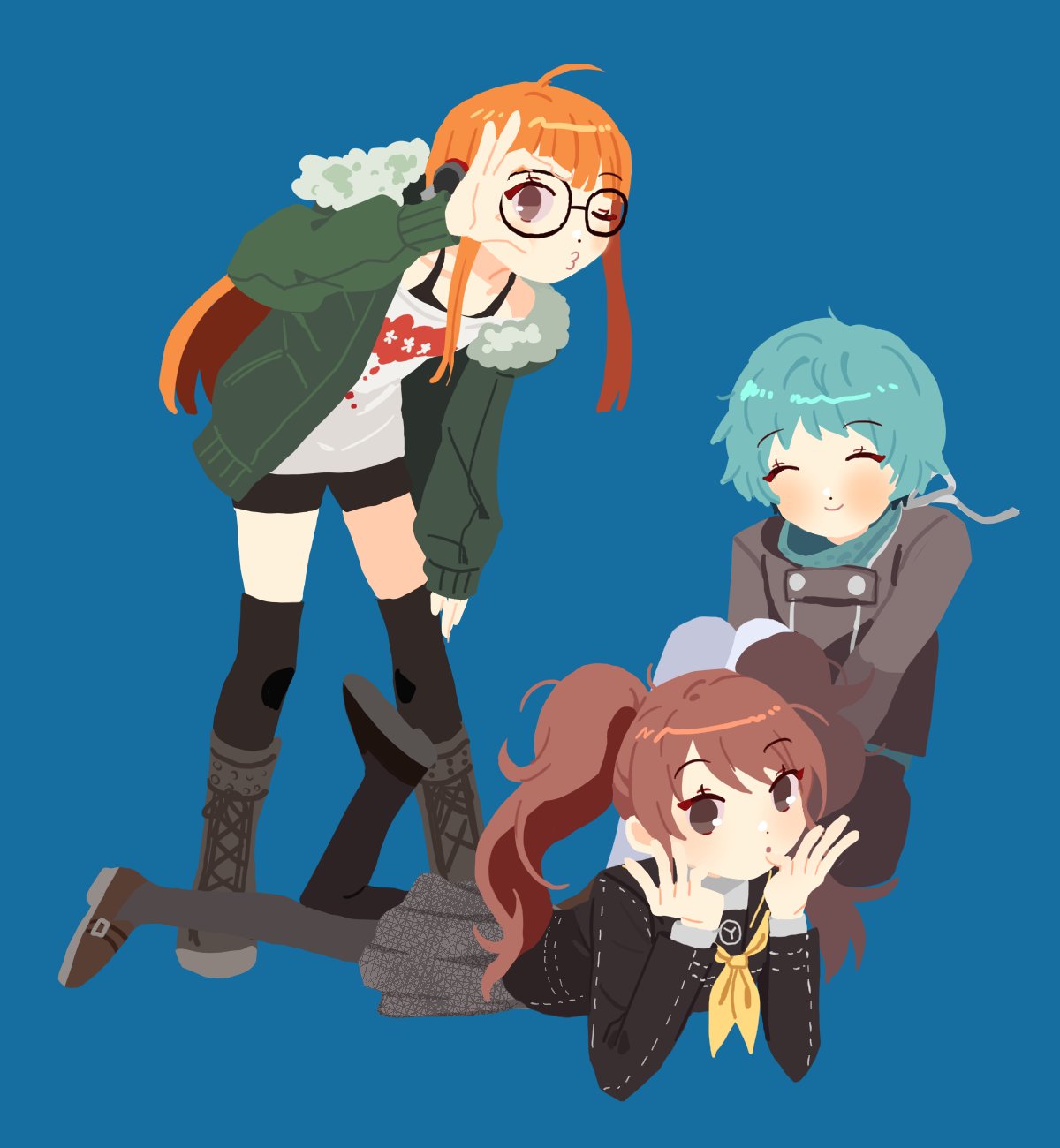 3girls black_footwear black_pantyhose black_shorts black_thighhighs blue_background blue_hair blush boots brown_hair closed_eyes fur-trimmed_jacket fur_trim gekkoukan_high_school_uniform glasses highres jacket kujikawa_rise long_hair long_sleeves lying melkymelkii multiple_girls neckerchief o3o on_stomach one_eye_closed open_clothes open_jacket orange_hair pantyhose persona persona_3 persona_4 persona_5 round_eyewear sakura_futaba school_uniform shoes short_hair shorts sitting smile standing thighhighs twintails white_neckerchief white_pantyhose yamagishi_fuuka yasogami_school_uniform