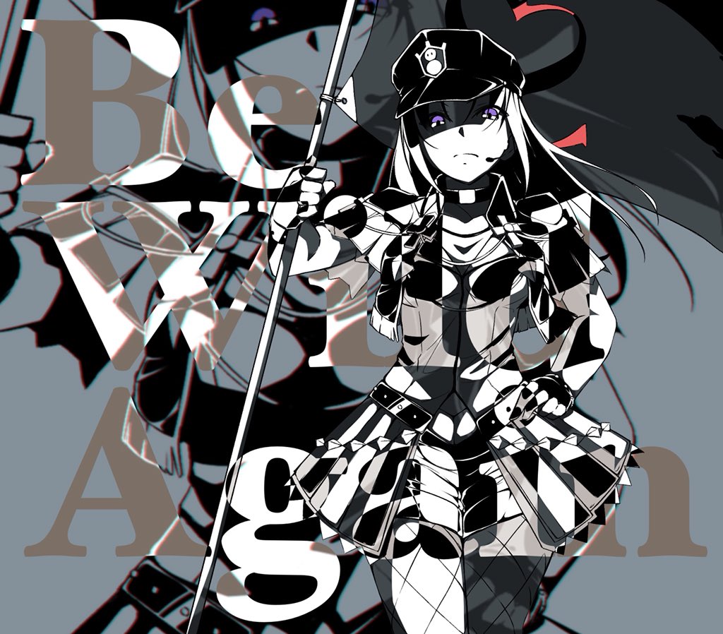 1girl abstract arm_up azukilib breasts capelet choker chromatic_aberration closed_mouth commentary_request cowboy_shot earpiece english_text fingerless_gloves fishnet_pantyhose fishnets flag gloves hand_on_own_hip hat holding holding_flag holding_pole italian_commentary kazuno_sarah long_hair looking_at_viewer love_live! love_live!_sunshine!! mixed-language_commentary monochrome pantyhose peaked_cap pole purple_eyes shirt short_shorts shorts showgirl_skirt sidelocks small_breasts solo split_mouth spot_color standing straight-on text_focus zoom_layer
