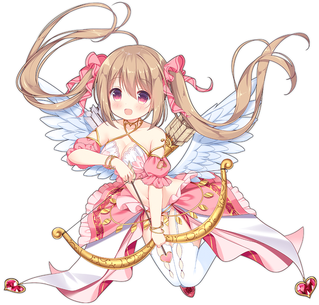 1girl :d ark_order arrow_(projectile) blush bow bow_(weapon) breasts brown_hair crop_top detached_sleeves drawing_bow eros_(ark_order) feathered_wings feathers floating frilled_sleeves frills full_body garter_straps gold_trim hair_bow holding holding_arrow holding_bow_(weapon) holding_weapon ikataruto large_breasts long_hair looking_at_viewer official_art panties pink_bow pink_eyes pink_shirt pink_skirt puffy_short_sleeves puffy_sleeves quiver shirt short_sleeves sidelocks skirt smile solo tachi-e thighhighs transparent_background twintails underwear very_long_hair weapon white_feathers white_panties white_thighhighs white_wings wings