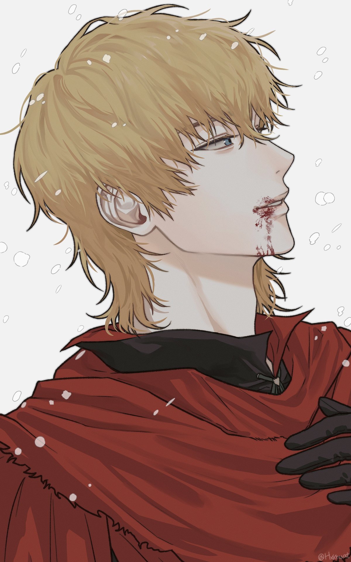 1boy black_gloves black_shirt blonde_hair blood blood_from_mouth blue_eyes cloak final_fantasy final_fantasy_xvi gloves grey_background hair_between_eyes half-closed_eyes hand_on_own_chest highres hxxnuat joshua_rosfield looking_to_the_side male_focus medium_hair messy_hair parted_lips red_cloak shirt snowing solo upper_body wavy_hair