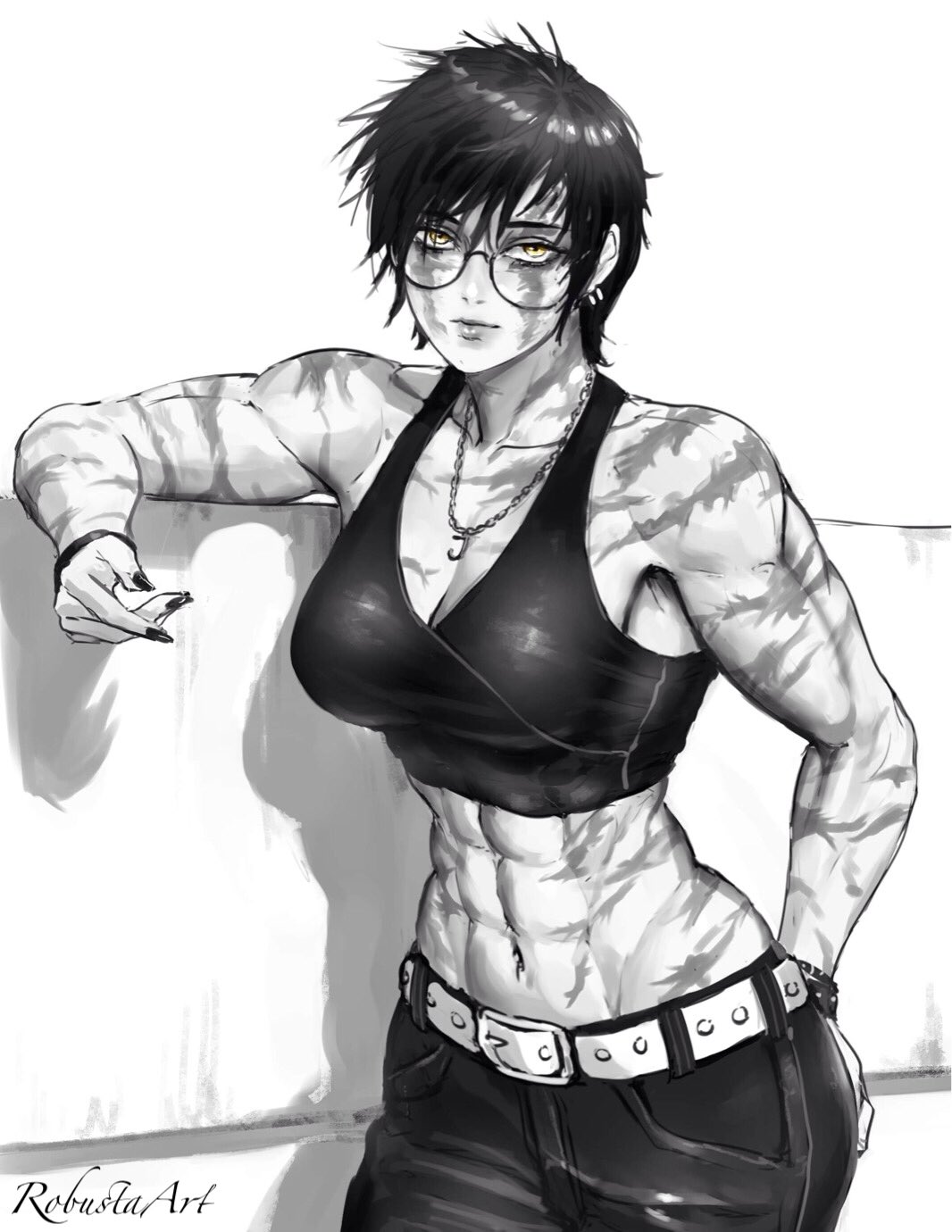 1girl abs against_railing belt black_hair black_nails bracelet breasts cleavage earrings glasses greyscale highres jewelry jujutsu_kaisen looking_at_viewer monochrome muscular muscular_female necklace pants railing robusta_mania scar shadow short_hair signature smile solo tank_top yellow_eyes zen'in_maki