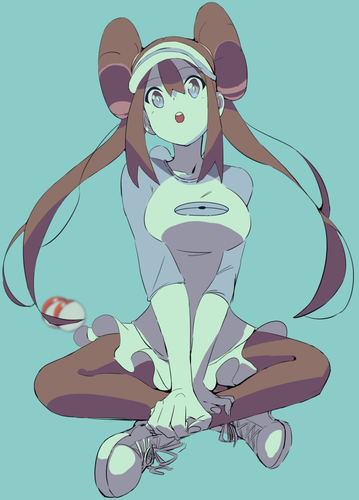 1girl :o breasts bright_pupils brown_hair commentary_request double_bun full_body green_background grey_eyes hair_bun large_breasts long_hair open_mouth pantyhose poke_ball poke_ball_(basic) pokemon pokemon_bw2 ppaparibo rosa_(pokemon) shirt shoes shorts sidelocks sitting sleeves_past_elbows solo teeth twintails upper_teeth_only visor_cap
