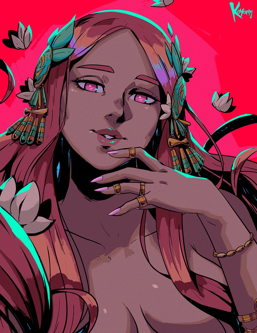 1girl aphrodite_(hades) bracelet breasts english_commentary flower hades_(series) hades_1 hair_censor hair_ornament highres jewelry koyorin long_hair looking_at_viewer no_shirt nude parted_lips pink_eyebrows pink_eyes pink_hair pink_nails red_background red_lips ring solo