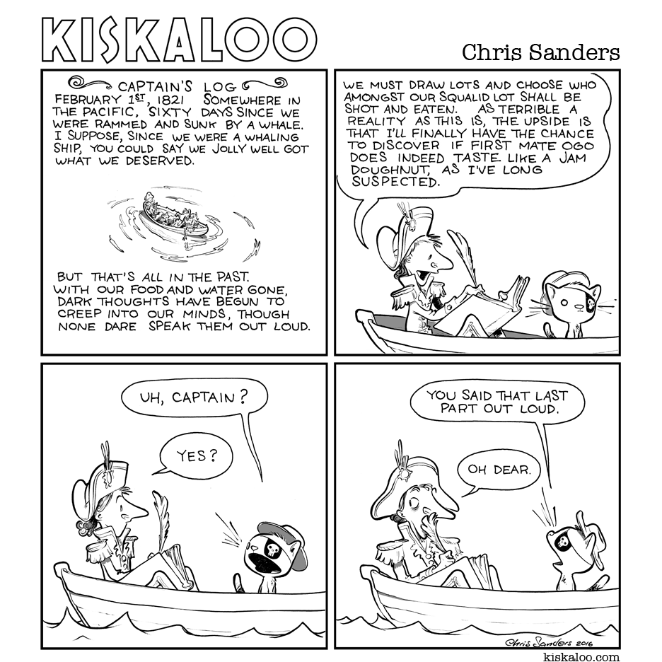 ambiguous_gender anthro boat chris_sanders clothing comic domestic_cat duo eye_patch eyewear felid feline felis group hat headgear headwear human kiskaloo loose_feather male mammal ogo_(kiskaloo) quill sea sitting toony vehicle water watercraft