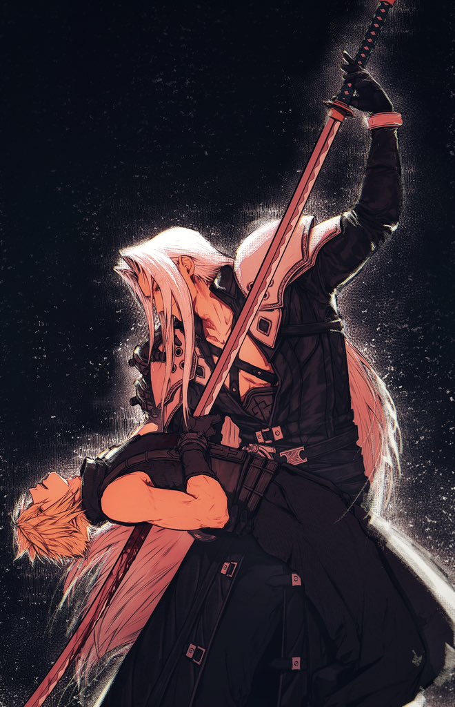 2boys armor belt black_coat black_gloves blonde_hair blood blood_on_weapon chest_strap cloud_strife coat collar final_fantasy final_fantasy_vii final_fantasy_vii_rebirth final_fantasy_vii_remake gloves grey_hair high_collar holding holding_sword holding_weapon impaled injury jacket long_bangs long_coat long_hair long_sleeves male_focus masamune_(ff7) multiple_belts multiple_boys open_mouth parted_bangs pauldrons sephiroth shirt short_hair shoulder_armor sleeveless sleeveless_turtleneck spiked_hair stab sword turtleneck uimooo1 weapon