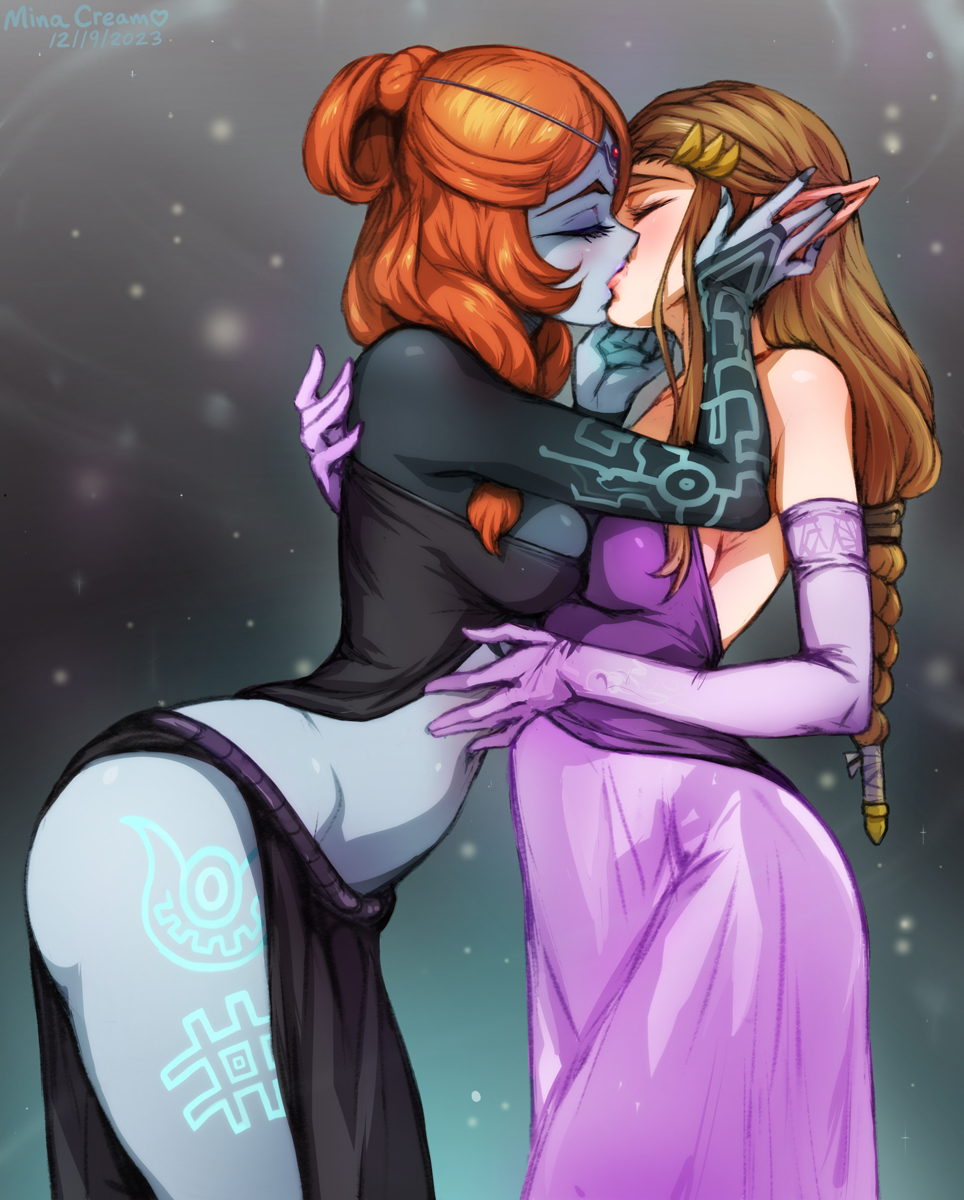 2girls brown_hair closed_eyes colored_skin dress front_ponytail hands_on_another's_face highres kiss leaning_forward midna midna_(true) mina_cream multicolored_skin multiple_girls neon_trim orange_hair pink_dress pointy_ears princess_zelda the_legend_of_zelda the_legend_of_zelda:_twilight_princess thighs two-tone_skin yuri