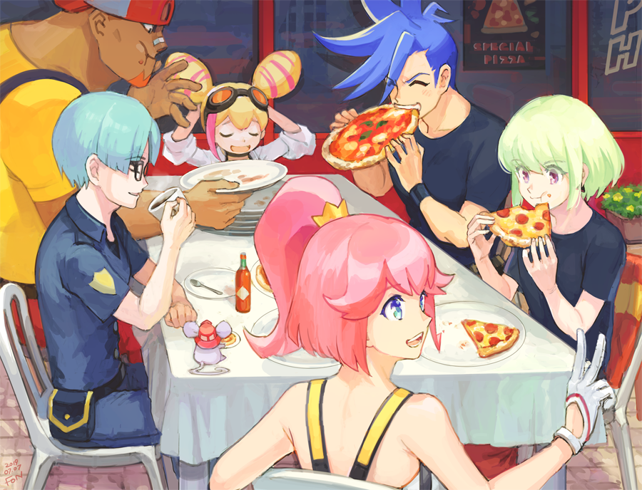 2girls 4boys aina_ardebit backwards_hat black_shirt black_wristband blonde_hair blue_eyes blue_hair chair closed_eyes dark-skinned_male dark_skin drinking eating empty_plate fon-due_(fonfon) food food_on_face fork galo_thymos glasses gloves goggles goggles_on_head green_hair hat holding holding_food holding_pizza lio_fotia lucia_fex multiple_boys multiple_girls pink_hair pizza pizza_slice plant police police_uniform ponytail poster_(object) potted_plant promare purple_eyes remi_puguna shirt sitting steam t-shirt tabasco tablecloth uniform varys_truss vinny_(promare) white_gloves