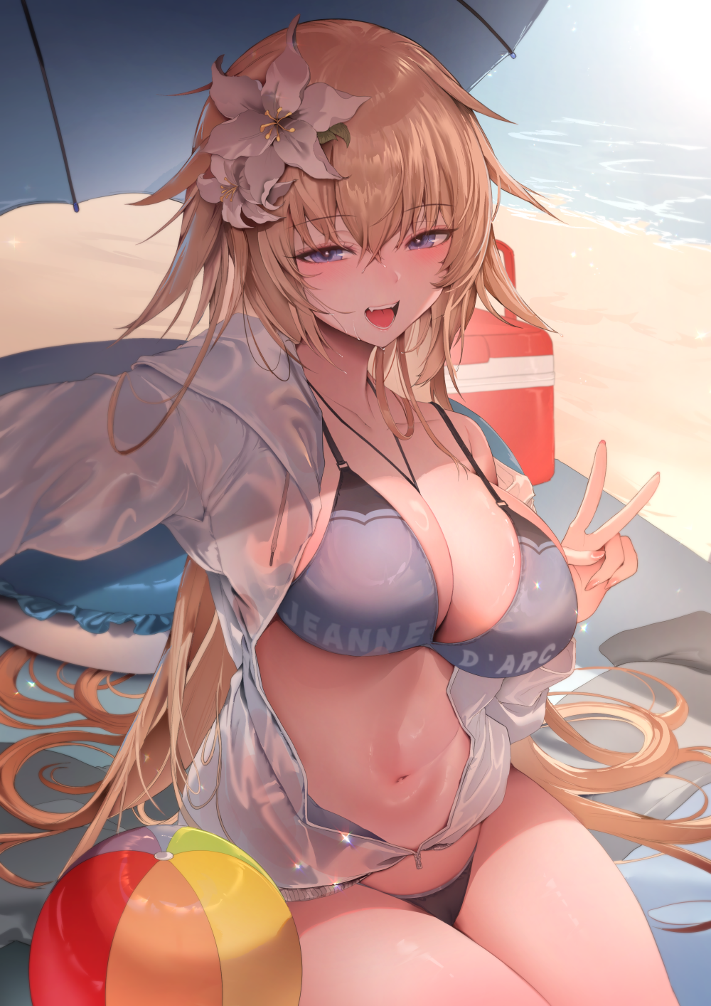 1girl ball bare_shoulders beach beach_mat beach_umbrella beachball between_breasts bikini black_bikini blonde_hair blue_bikini blue_eyes blue_innertube blue_jacket blush breasts character_name cleavage collarbone commentary_request fang fate/grand_order fate_(series) flower hair_flower hair_ornament half-closed_eyes highres jacket jeanne_d'arc_(fate) jeanne_d'arc_(swimsuit_archer)_(first_ascension)_(fate) large_breasts long_hair looking_at_viewer mismatched_bikini navel ocean off_shoulder open_clothes open_jacket open_mouth outstretched_arm partially_unzipped sitting smile solo stomach strap_gap string_bikini swimsuit teeth thighs umbrella upper_teeth_only v very_long_hair water wet white_flower white_jacket zerocat