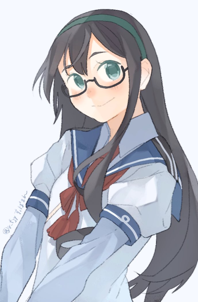 1girl black_hair blue_sailor_collar blue_shirt dress_shirt glasses green_eyes green_hairband hairband kantai_collection layered_shirt long_hair necktie one-hour_drawing_challenge ooyodo_(kancolle) red_necktie sailor_collar sailor_shirt school_uniform semi-rimless_eyewear serafuku shirt simple_background smile solo suppaman_(rfjy) twitter_username under-rim_eyewear upper_body white_background white_shirt