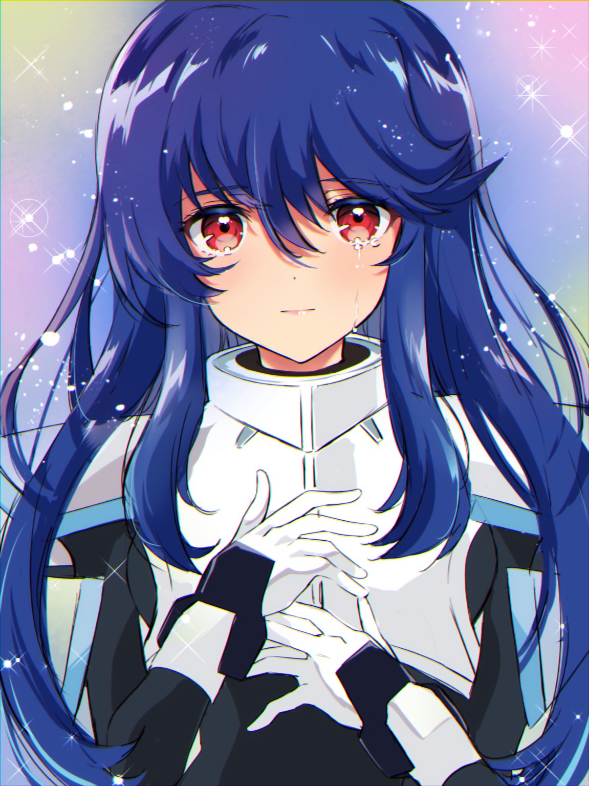 1girl blue_hair crying crying_with_eyes_open gundam gundam_seed gundam_seed_freedom hand_on_own_chest hato-as highres ingrid_tradoll long_hair normal_suit pilot_suit red_eyes science_fiction tears upper_body