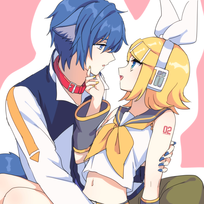 1boy 1girl akiyoshi_(tama-pete) animal_ears arm_tattoo blonde_hair blue_eyes blue_hair blue_nails bow_hairband collared_shirt crop_top detached_sleeves eye_contact fang grabbing_another's_chin hair_between_eyes hairband hand_on_another's_arm hand_on_another's_chin hug kagamine_rin kaito_(vocaloid) leaning_back leash looking_at_another medium_hair multiple_hairpins navel parted_lips ribbon sailor_collar shirt simple_background sitting sitting_on_lap sitting_on_person tattoo upper_body vocaloid white_ribbon yellow_nails yellow_ribbon