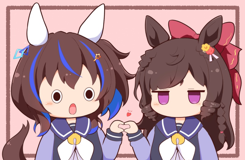 2girls :o animal_ears black_shirt blue_background blue_hair blush_stickers bow braid brown_hair chibi daiichi_ruby_(umamusume) daitaku_helios_(umamusume) drill_hair flower gomashio_(goma_feet) hair_between_eyes hair_bow hair_flower hair_ornament hairclip heart heart_hands horse_ears horse_girl horse_tail jitome long_hair long_sleeves multicolored_hair multiple_girls open_mouth puffy_long_sleeves puffy_sleeves purple_eyes red_bow red_flower school_uniform shirt side_drill side_ponytail simple_background single_braid star_(symbol) star_hair_ornament streaked_hair surprised tail tracen_school_uniform twin_drills umamusume upper_body white_bow yellow_flower