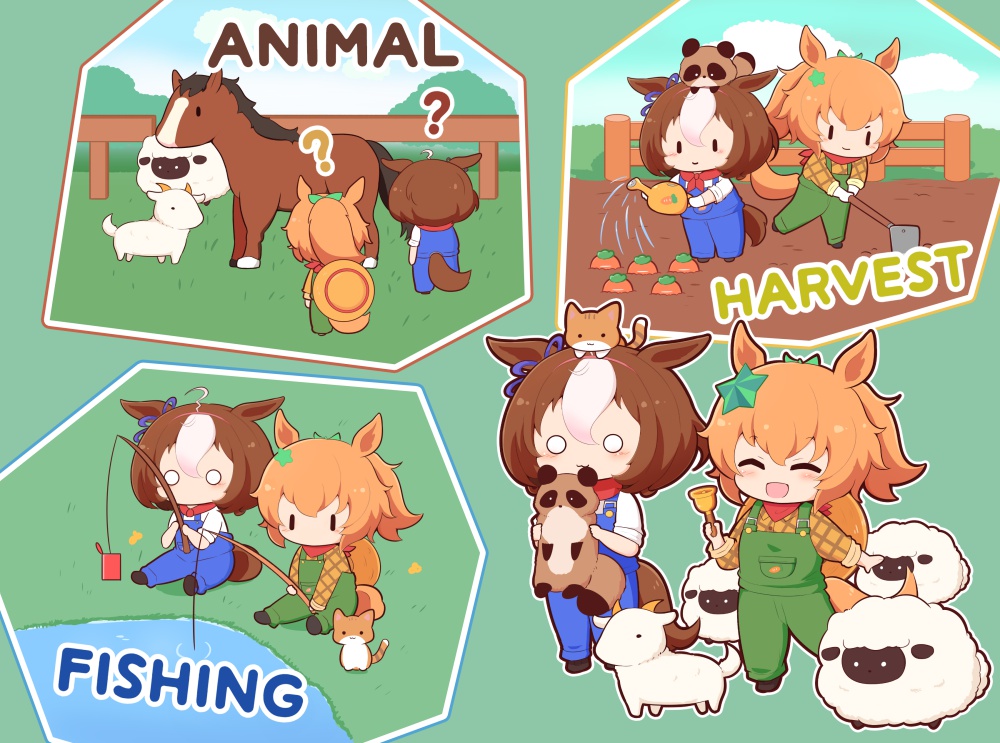 2girls :3 :d ? ^_^ ahoge animal animal_ears animal_on_head bell black_footwear blue_sky blush brown_hair brown_hat carrot cat chibi closed_eyes closed_mouth cloud collared_shirt day dress_shirt fence fishing fishing_line fishing_rod goat gomashio_(goma_feet) green_ribbon hair_ornament hair_ribbon hairband hat_on_back hoe holding holding_animal holding_bell holding_fishing_rod horse horse_ears horse_girl horse_tail long_sleeves meisho_doto_(umamusume) meto_(cat) multicolored_hair multiple_girls o_o on_head orange_hair outdoors overalls pink_hairband plaid plaid_shirt ponytail raccoon ribbon sheep shirt shoes sitting sky smile standing star_(symbol) star_hair_ornament taiki_shuttle_(umamusume) tail two-tone_hair umamusume watering_can white_hair wooden_fence yellow_shirt |_|