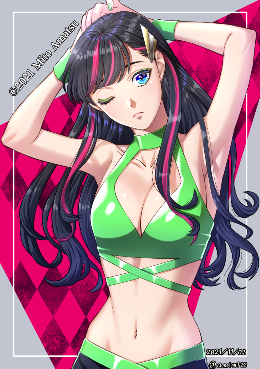 1girl adjusting_hair argyle_background armpits black_hair blue_eyes bracelet breasts cleavage cleavage_cutout clothing_cutout commentary_request copyright_notice crop_top dated eyebrows_hidden_by_hair eyeliner frown green_eyeliner green_nails groin hair_ornament halterneck highres jewelry long_hair makeup medium_breasts midriff mito_amatsu multicolored_hair navel original pink_hair solo streaked_hair swept_bangs twitter_username