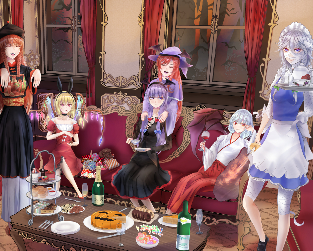 6+girls alternate_costume animal_ears apron bangs bat bat_wings black_dress black_footwear blonde_hair blue_eyes blue_skirt blue_vest blunt_bangs bottle braid cake calligraphy_brush_(medium) candy capelet carpet champagne_bottle champagne_flute chinese_clothes closed_eyes commentary_request cookie couch crossed_legs cup curtains doughnut dress drinking_glass eating fake_animal_ears flandre_scarlet food fork graphite_(medium) hair_between_eyes hairband hakama_skirt halloween halloween_costume hat head_wings holding holding_cup holding_food holding_sword holding_tray holding_weapon hong_meiling indoors izayoi_sakuya japanese_clothes jiangshi_costume knife koakuma konpeitou leg_lift lollipop looking_back maid_headdress miko multiple_girls mummy_costume niradama_(nira2ratama) open_mouth outstretched_arms partial_commentary patchouli_knowledge plate purple_dress purple_eyes purple_hair reclining red_dress red_eyes red_footwear red_hair remilia_scarlet scone short_hair silver_hair sitting skirt smile standing standing_on_one_leg swirl_lollipop sword table teacup teapot tiered_tray touhou traditional_media tray twin_braids upper_teeth vest waist_apron weapon window wine_bottle wine_glass wings witch_hat zombie_pose