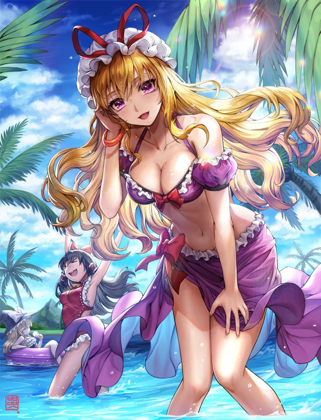 &gt;_&lt; 3girls :d adapted_costume armpits artist_logo bangs bare_arms bare_shoulders bikini black_headwear black_swimsuit blonde_hair blue_sky bow box_(hotpppink) bracelet breasts brown_hair casual_one-piece_swimsuit cleavage closed_eyes cloud collarbone cup day detached_sleeves drinking eyebrows_visible_through_hair facing_viewer fingernails floating_hair frilled_bikini frilled_bikini_top frilled_swimsuit frills hair_between_eyes hair_bow hair_tubes hair_tucking hakurei_reimu hand_on_own_knee hand_up hat hat_ribbon head_tilt holding holding_cup innertube jewelry kirisame_marisa knees_together_feet_apart large_breasts leaning_forward lens_flare long_hair looking_at_viewer medium_breasts mob_cap mountain multiple_girls navel one-piece_swimsuit open_mouth outdoors outstretched_arms palm_tree pink_eyes puffy_detached_sleeves puffy_sleeves purple_bikini_top reclining red_bow red_ribbon red_swimsuit ribbon sarong short_sleeves sidelocks sky smile standing stomach summer sun sunlight swimsuit touhou tree wading water white_bow white_headwear wind witch_hat yakumo_yukari